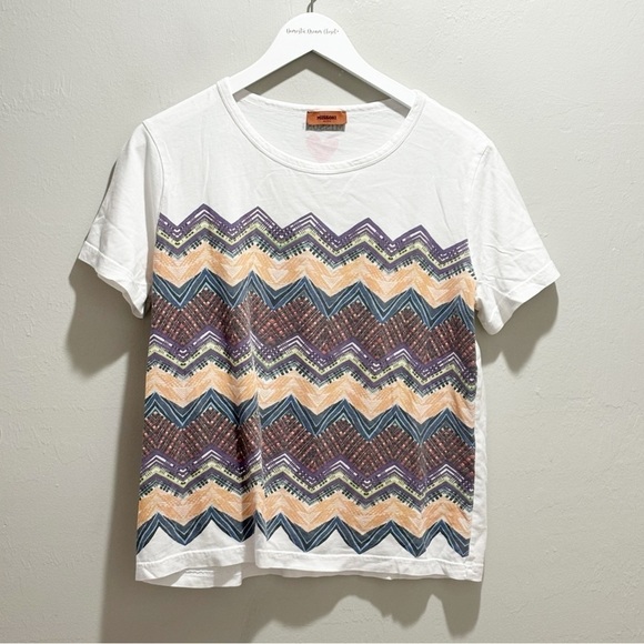 MISSONI Women's Zig Zag Print Key to the Cure Logo Short Sleeve Cotton Tee Sz L - Picture 1 of 7